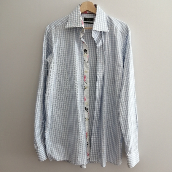 Eton Contemporary Fit Blue White Check Plaid Dress Shirt Floral Trim 16.5 34/35 - Picture 3 of 15